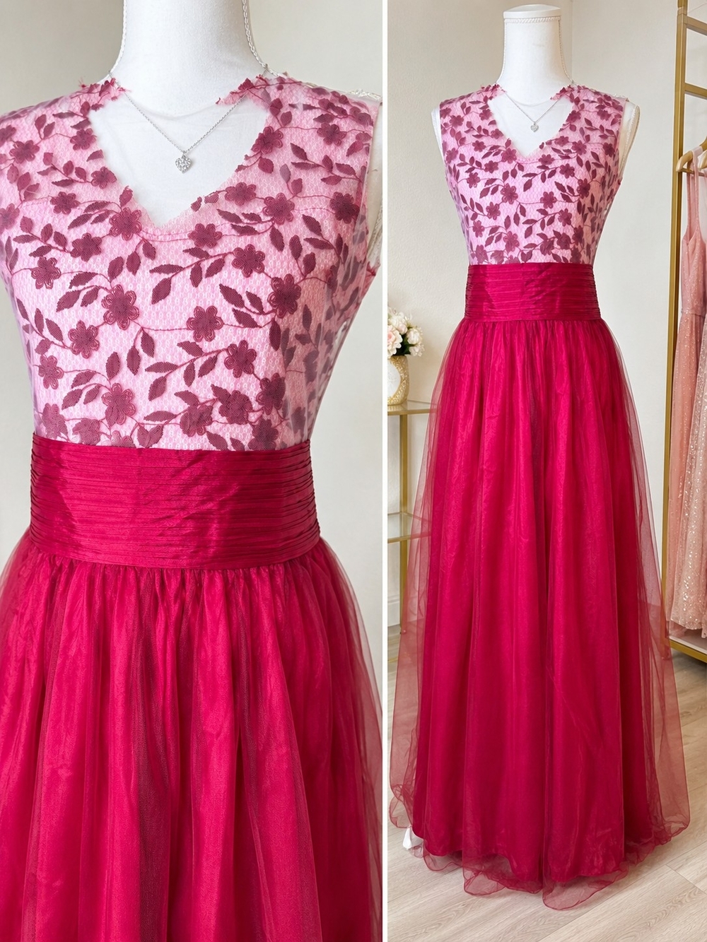 Burgundy Floral V-Neck Evening Dress